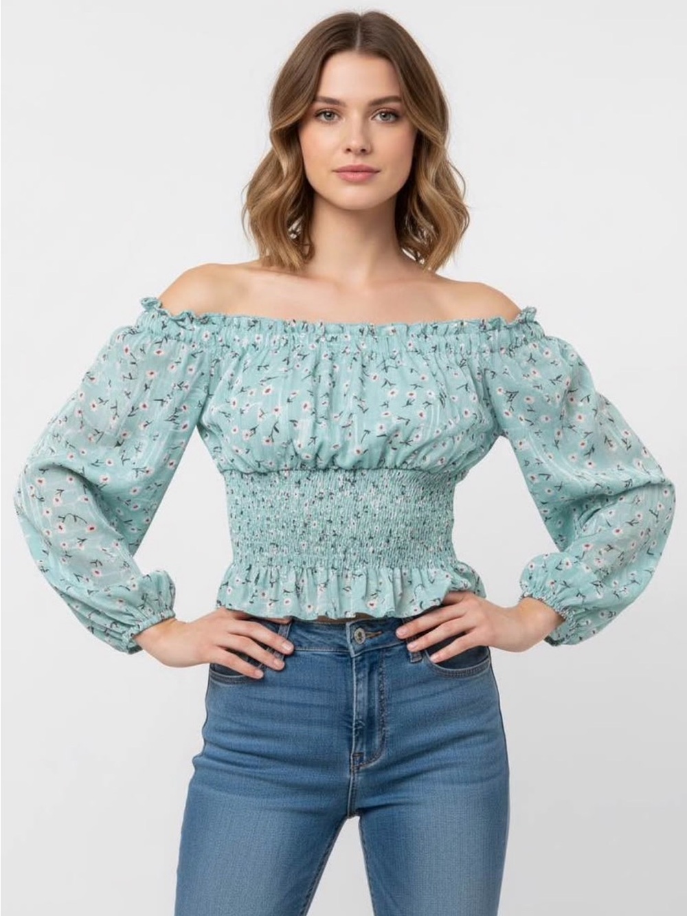 Off-Shoulder Smocked Floral Top in Light Aqua